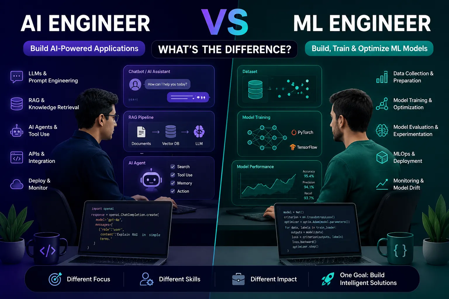 AI Engineer vs ML Engineer comparison showing key roles, skills, and responsibilities